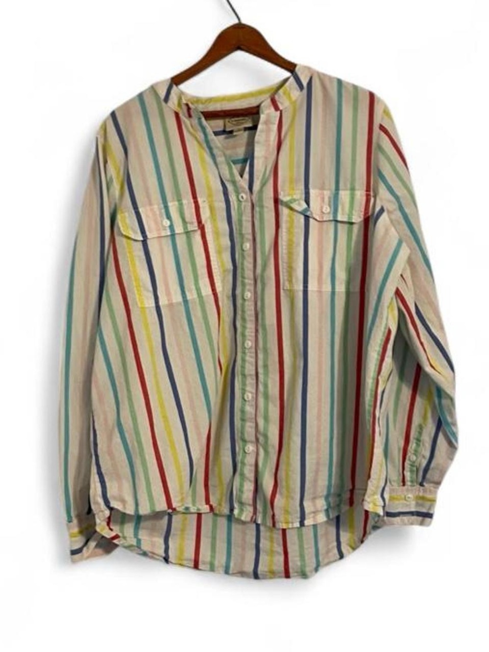 St. John's Bay Women's XL White Multicolor Stripe Button Down Rainbow Shirt